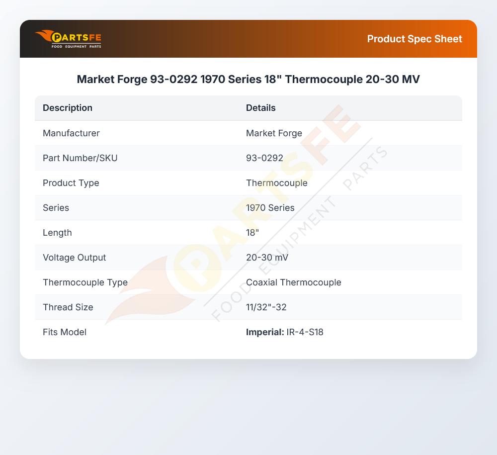 Market Forge 93-0292 1970 Series 18" Thermocouple 20-30 MV