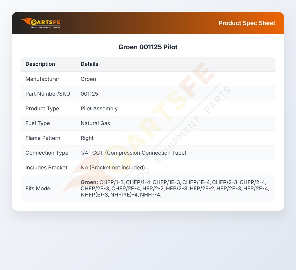 Groen 001125 Pilot Assembly 1/4" CCT Natural Gas Right