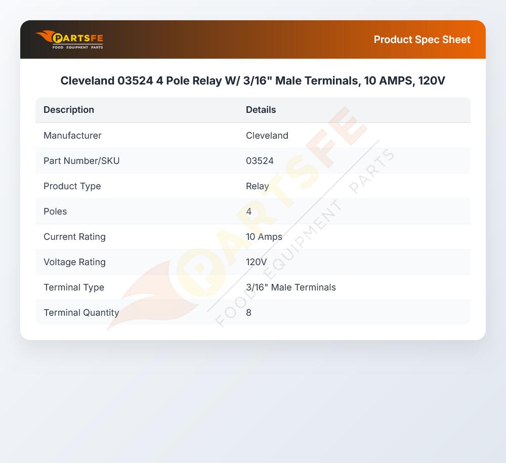 Cleveland 03524 Convection Steamer Relay DPDT 120V 50/60Hz