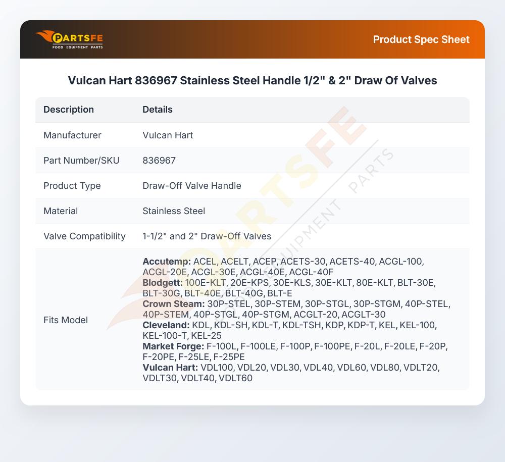 Vulcan Hart 836967 Stainless Steel Handle 1/2" & 2" Draw Of Valves