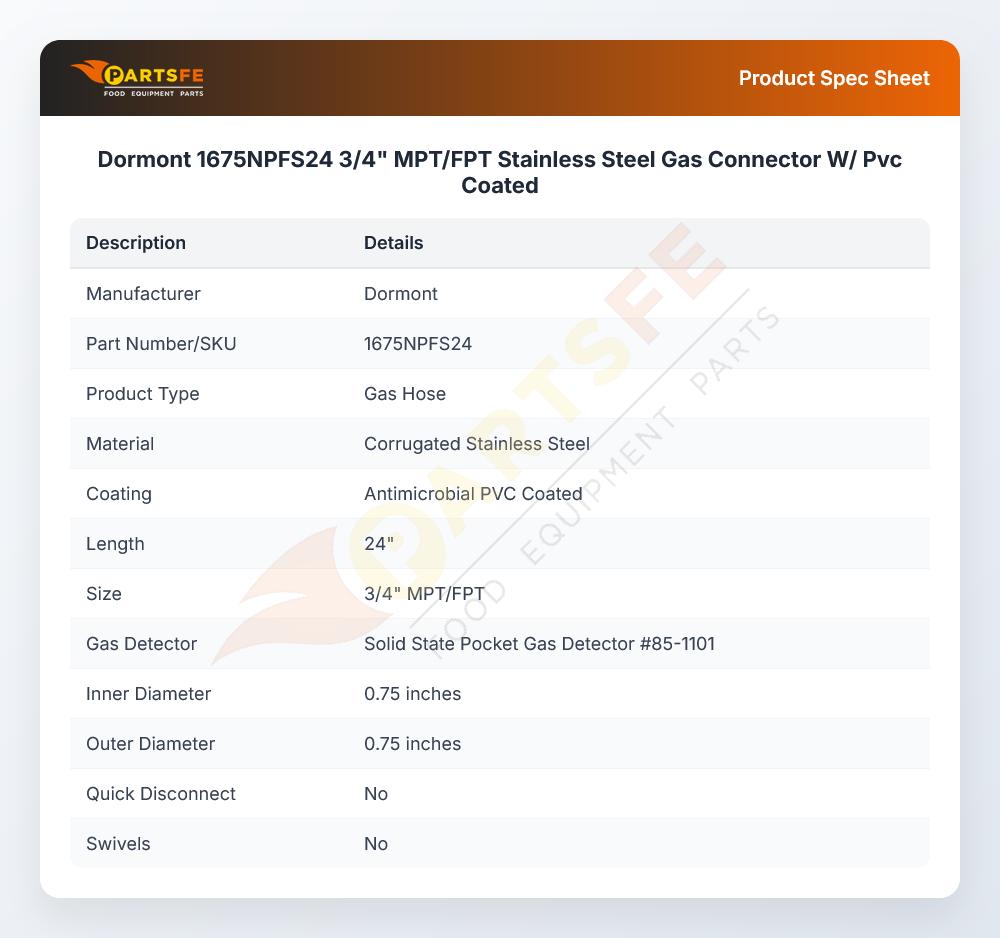 Dormont 1675NPFS24 3/4"  MPT/FPT Stainless Steel Gas Connector W/ Pvc Coated