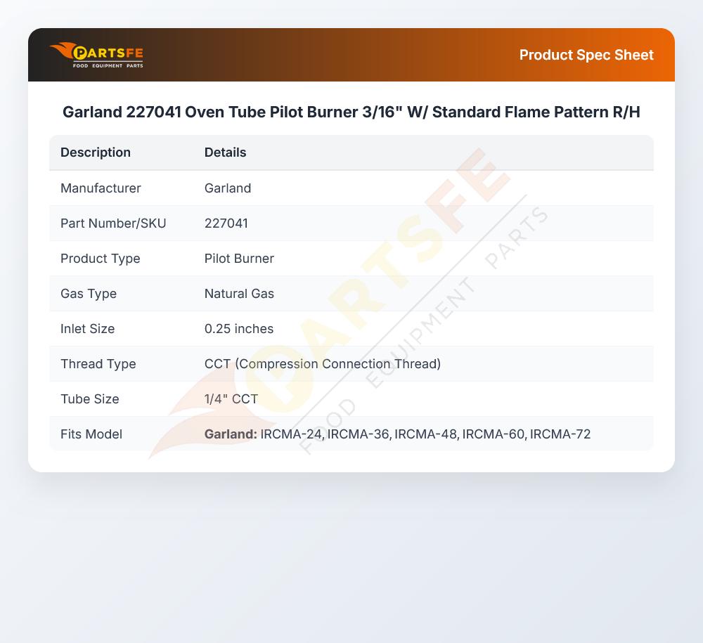 Garland 227041 Oven Tube Pilot Burner 3/16" W/ Standard Flame Pattern R/H