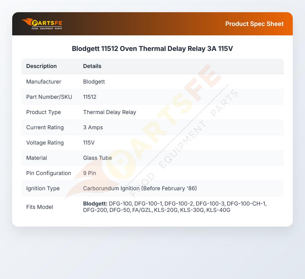 Blodgett 11512 Oven Thermal Delay Relay 3A 115V
