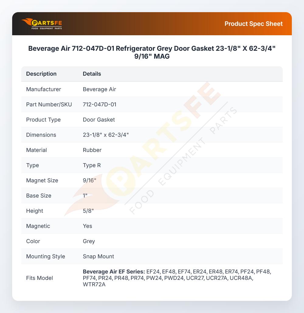 Beverage Air 712-047D-01 Refrigerator Grey Door Gasket 23-1/8" X 62-3/4" 9/16" MAG