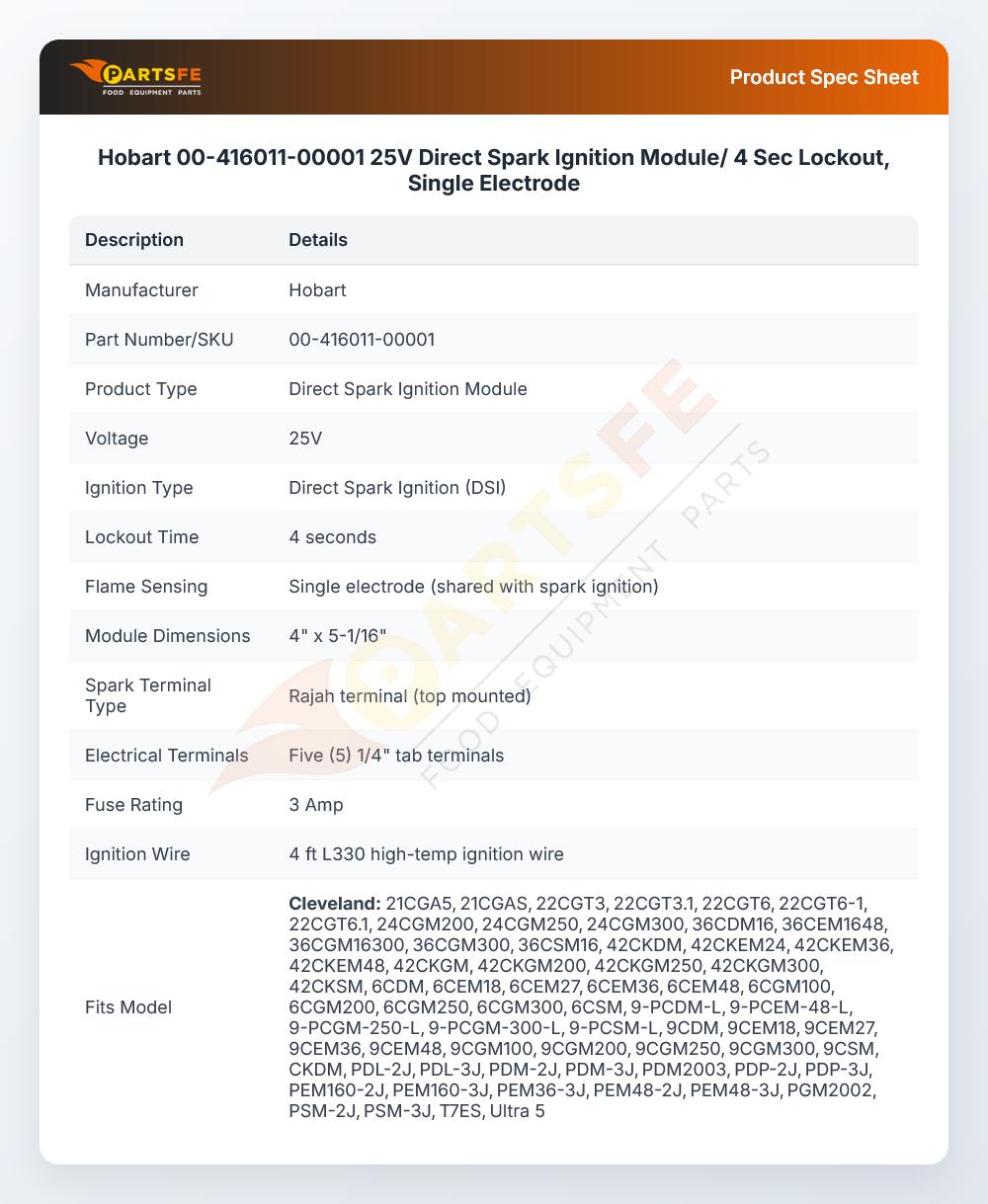 Hobart 00-416011-00001 Direct Spark Ignition Module/ 4 Sec Lockout Single Electrode 25V