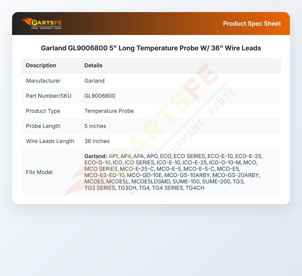 Garland GL9006800 5" Long Temperature Probe W/ 36" Wire Leads