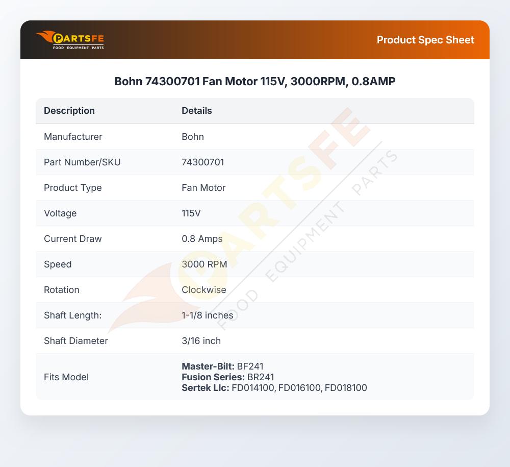 Bohn 74300701  Fan Motor 115V, 3000RPM, 0.8AMP