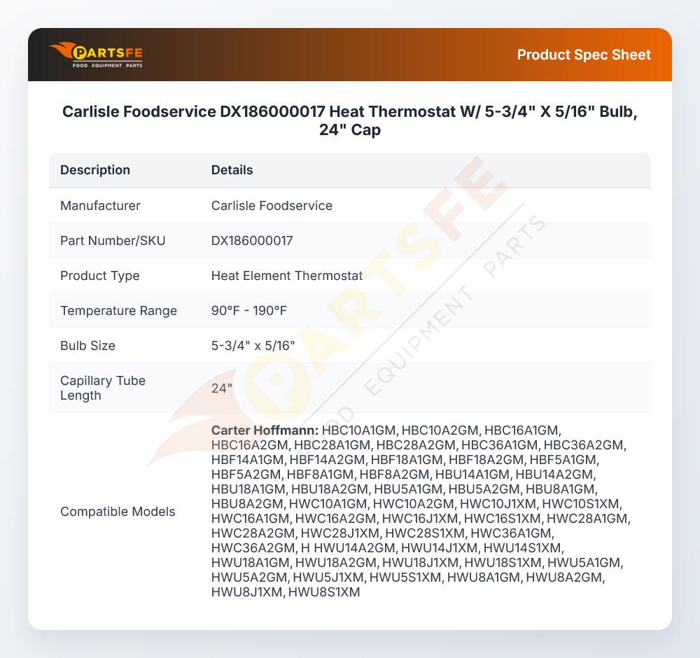 Carlisle Foodservice DX186000017 Heat Thermostat 90&deg;-190&deg;F W/5-3/4" X 5/16" Bulb 24" CAP