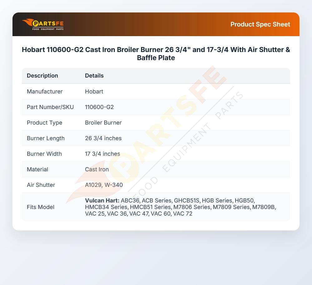 Hobart 110600-G2 Cast Iron Broiler Burner 26 3/4" and 17-3/4 With Air Shutter & Baffle Plate