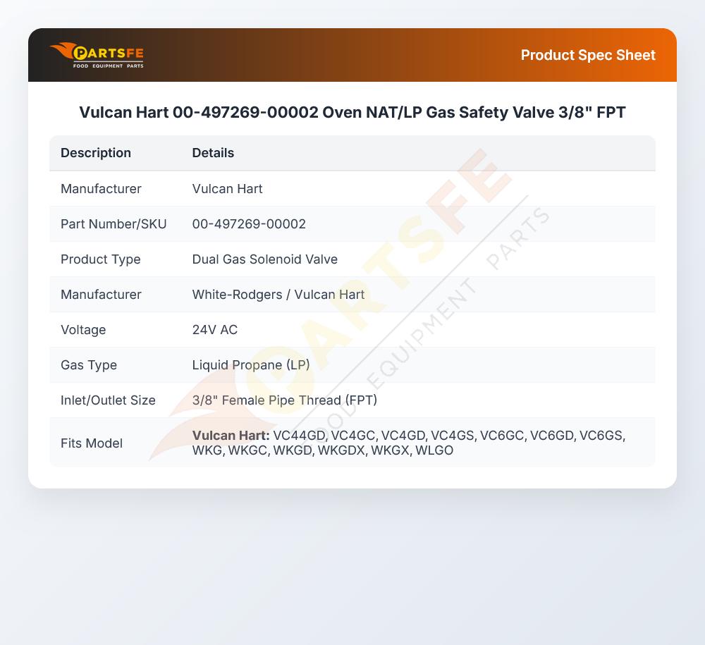 Vulcan Hart 00-497269-00002 Oven NAT/LP Gas Safety Valve 3/8" FPT