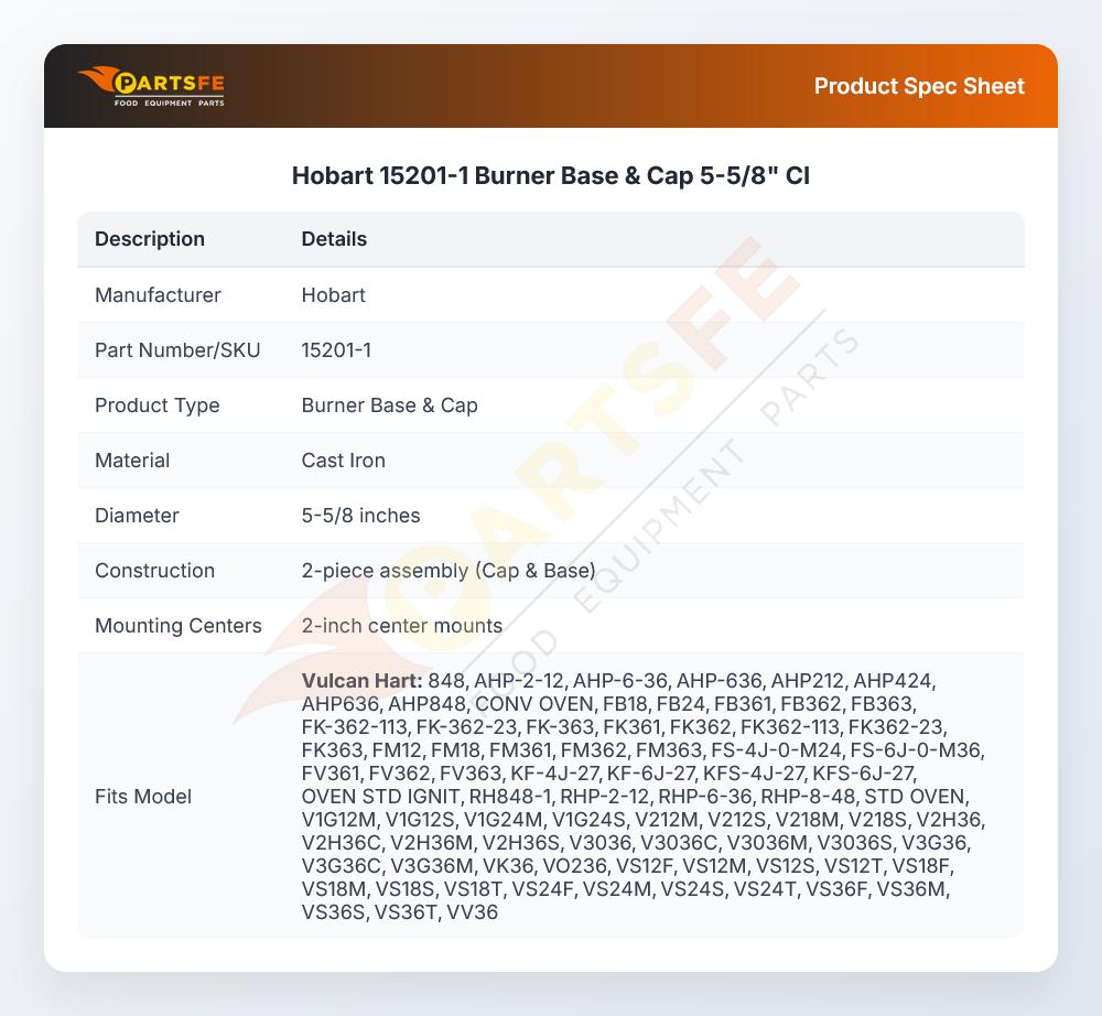 Hobart 15201-1 Burner Base & Cap 5-5/8"  CI