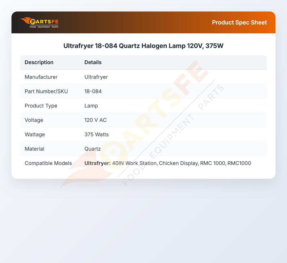 Ultrafryer 18-084 Quartz Halogen Lamp 120V, 375W