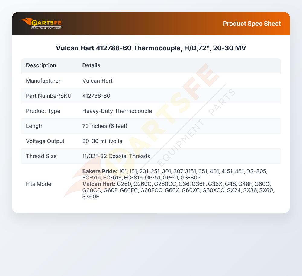 Vulcan Hart 412788-60 Oven Thermocouple 72"