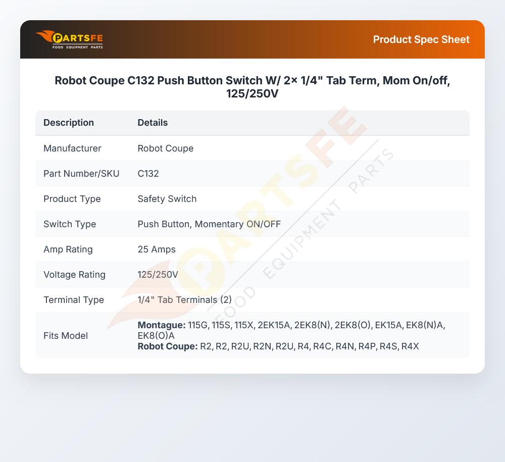 Robot Coupe C132 Push Button Switch W/ 2x 1/4" Tab Term, Mom On/off, 125/250V