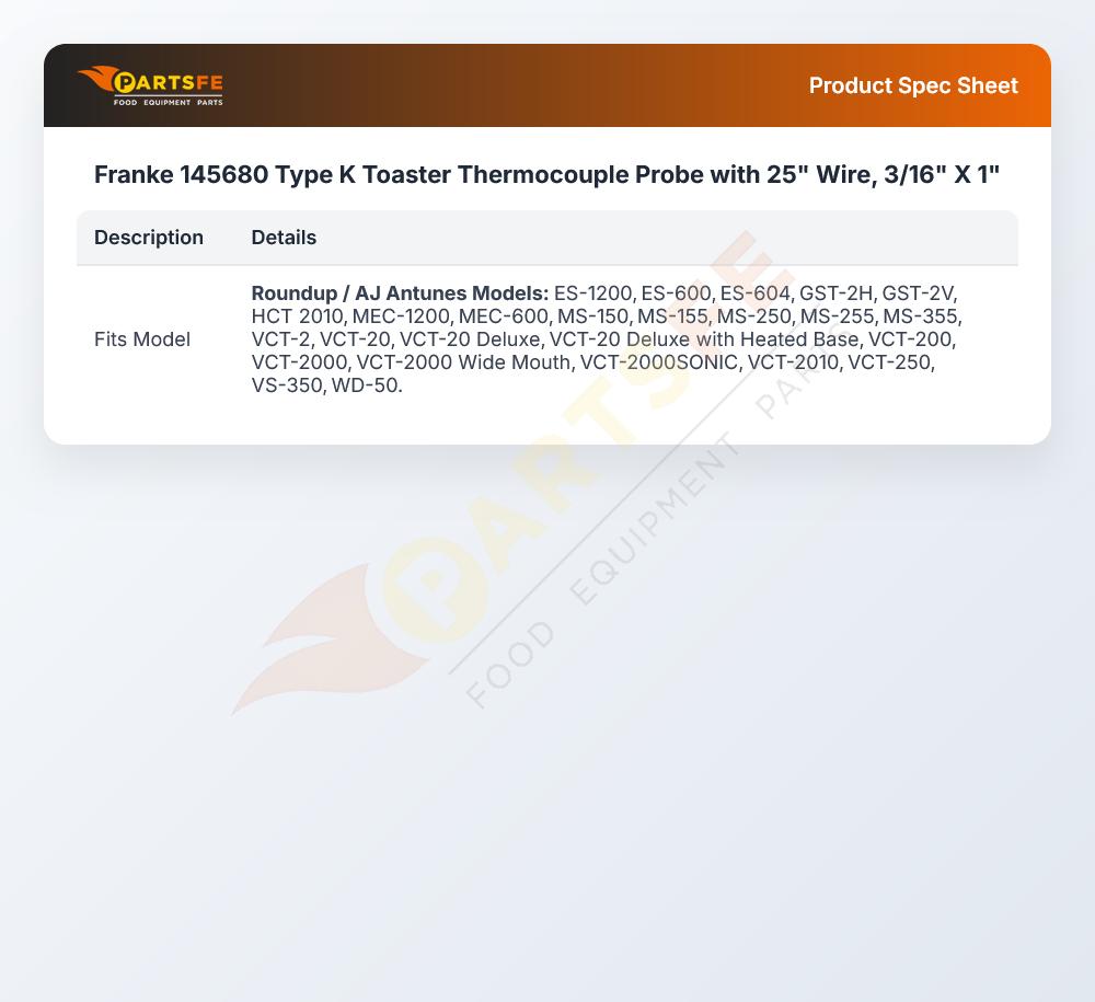 Franke 145680 Thermocouple Probe 25" Wire 3/16" X 1"