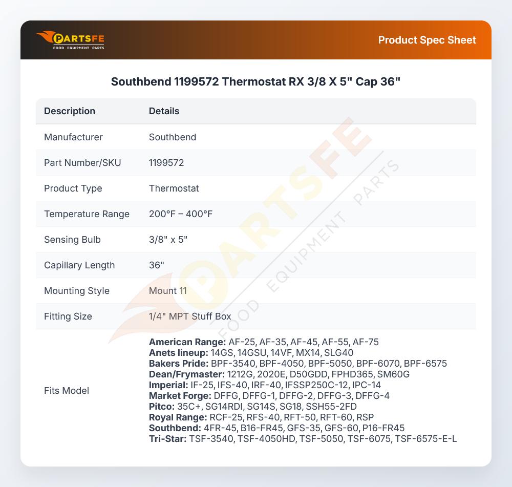 Southbend 1199572 Thermostat RX 3/8 X 5" Cap 36"