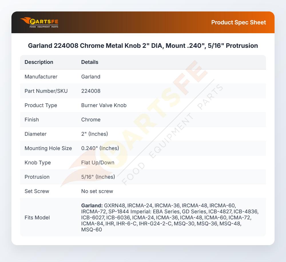 Garland 224008 Chrome Metal Knob 2" DIA, Mount .240", 5/16" Protrusion