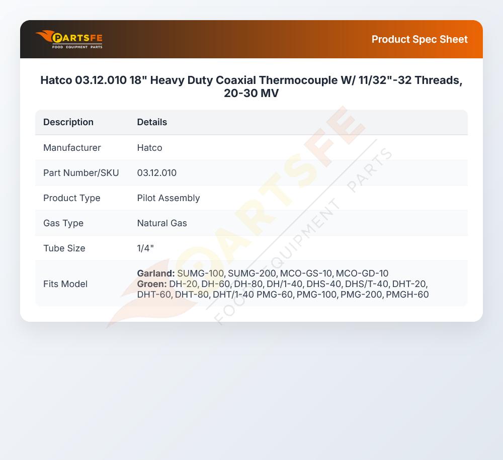 Hatco 03.12.010 18" Heavy Duty Coaxial Thermocouple W/ 11/32"-32 Threads, 20-30 MV