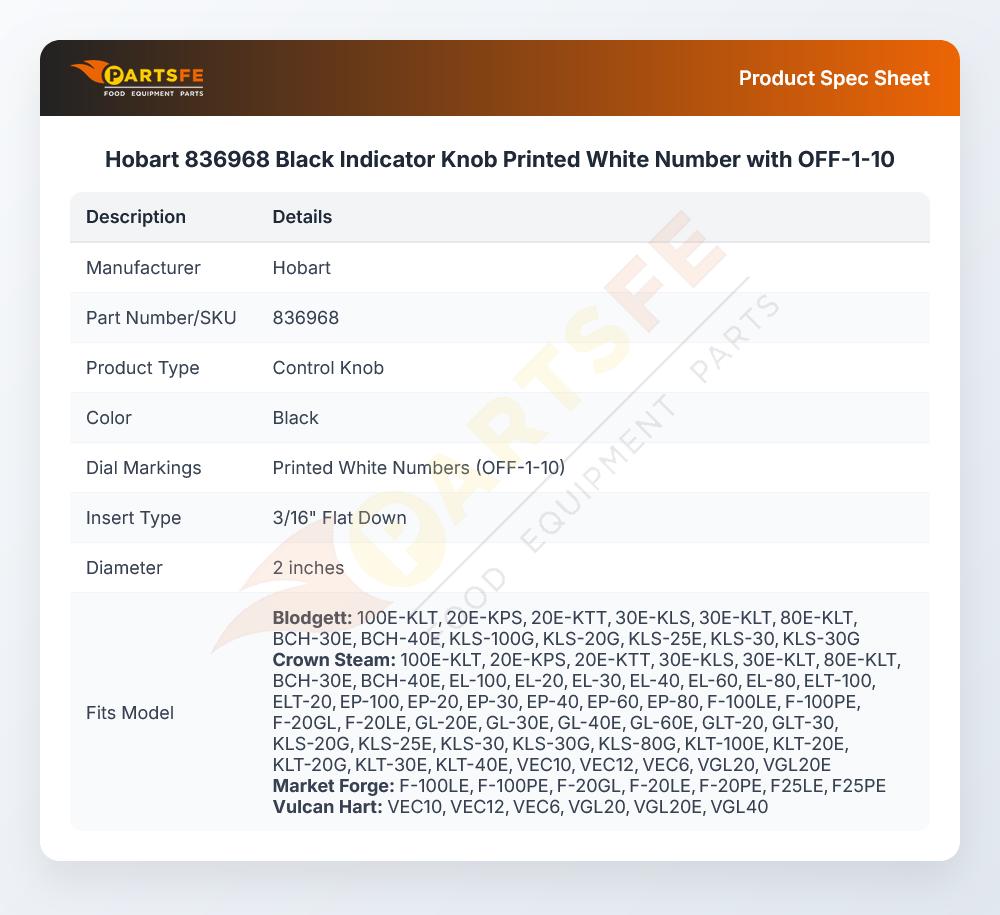 Hobart 836968 Indicator Knob OFF-1-10
