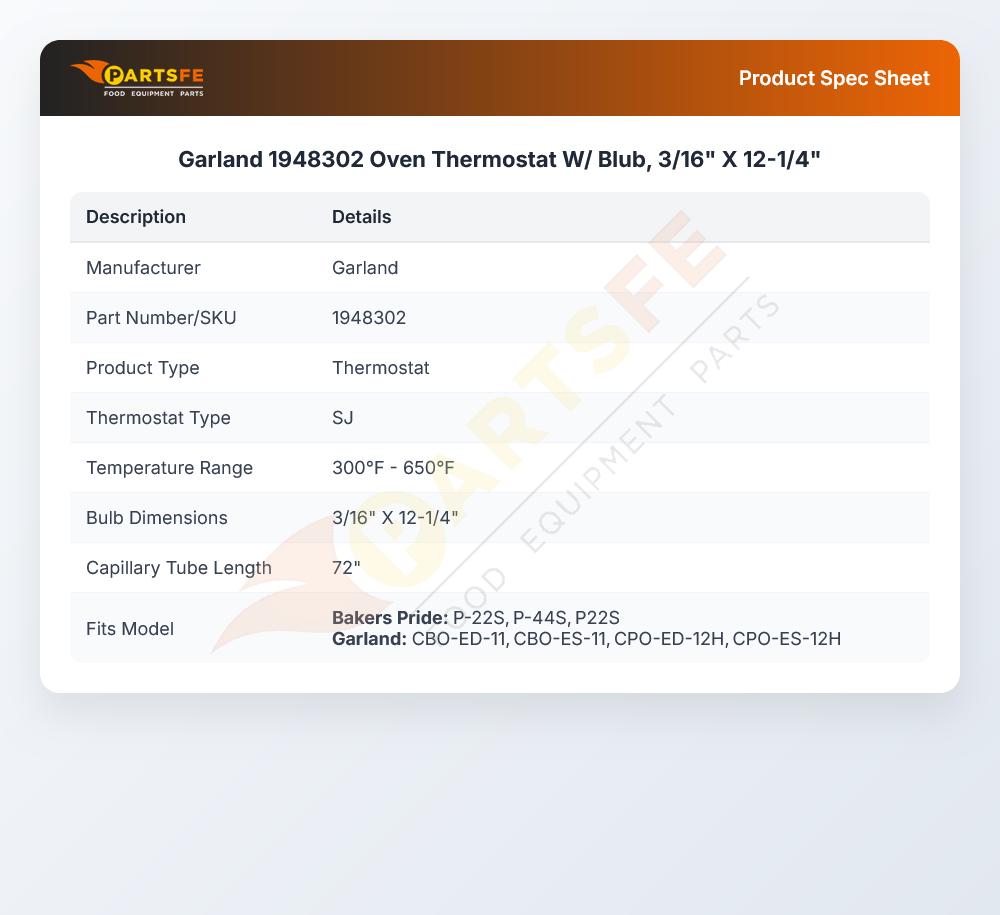 Garland 1948302 Oven Thermostat W/ Blub, 3/16" X 12-1/4"