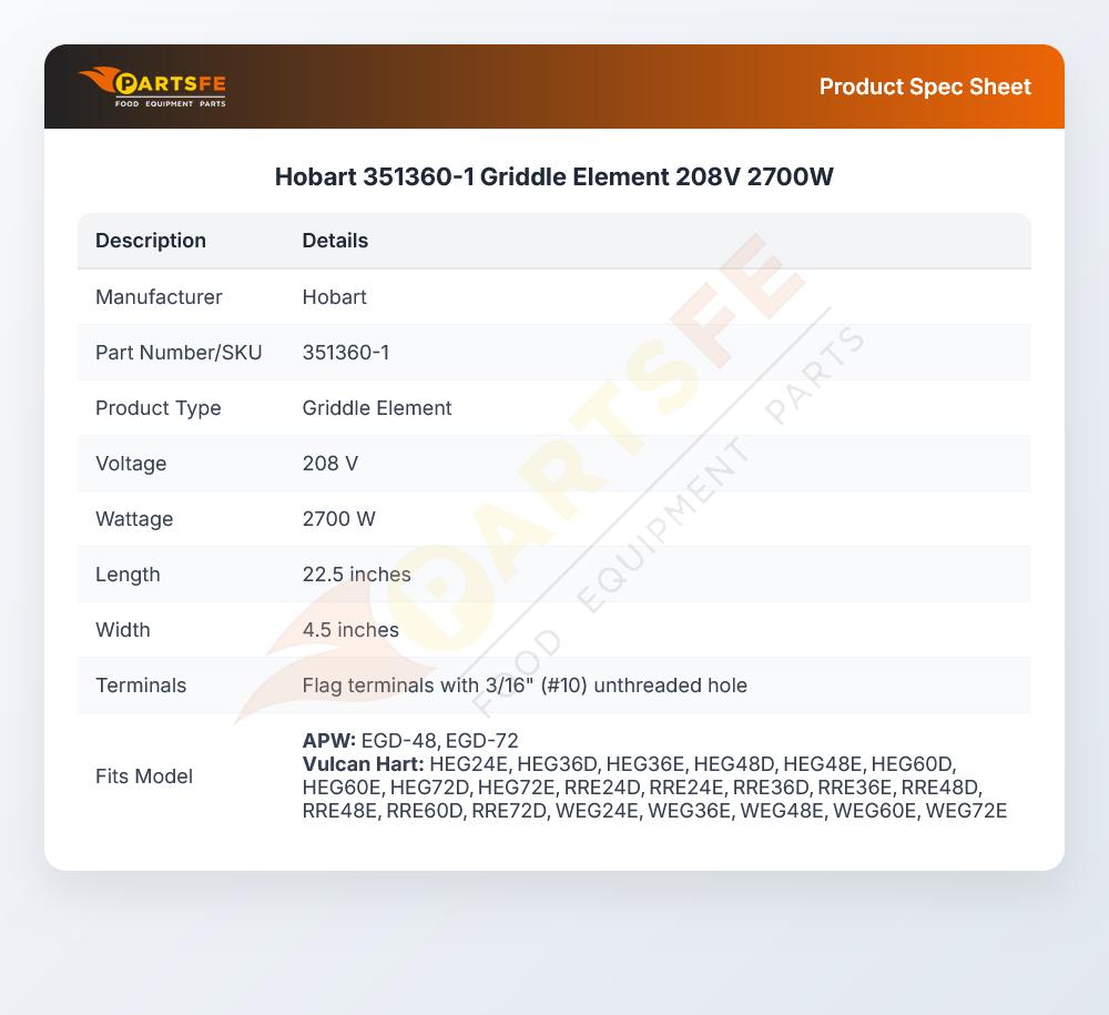 Hobart 351360-1 Griddle Element  208V 2700W