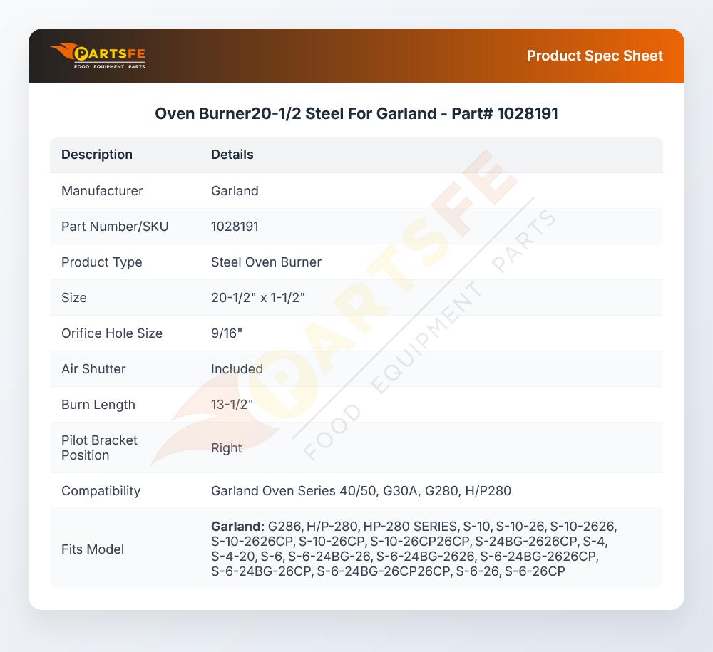 Oven Burner20-1/2  Steel For Garland - Part# 1028191