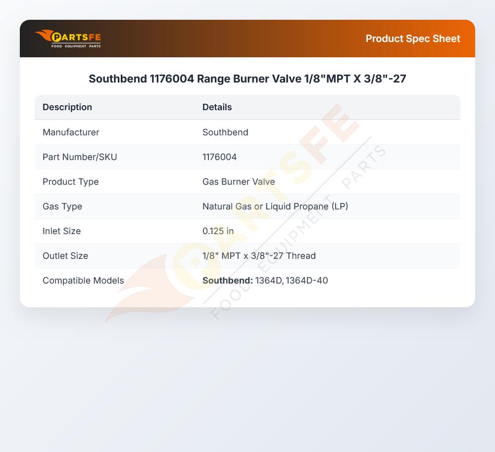 Southbend 1176004 Range Burner Valve 1/8"MPT X 3/8"-27