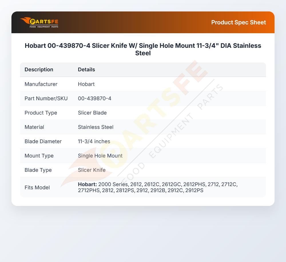 Hobart 00-439870-4 Slicer Knife W/ Single Hole Mount 11-3/4" DIA Stainless Steel