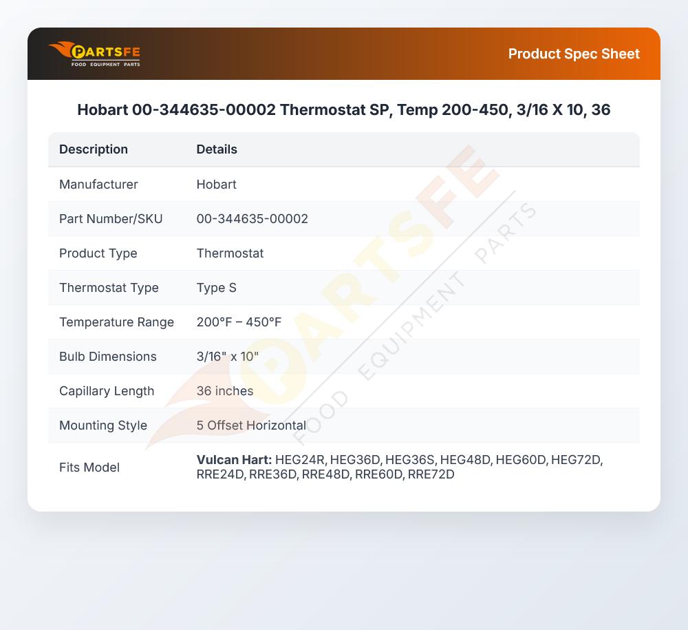 Hobart 00-344635-00002 SP Thermostat 200-450&deg;F 3/16" x 10" Bulb 36" CAP