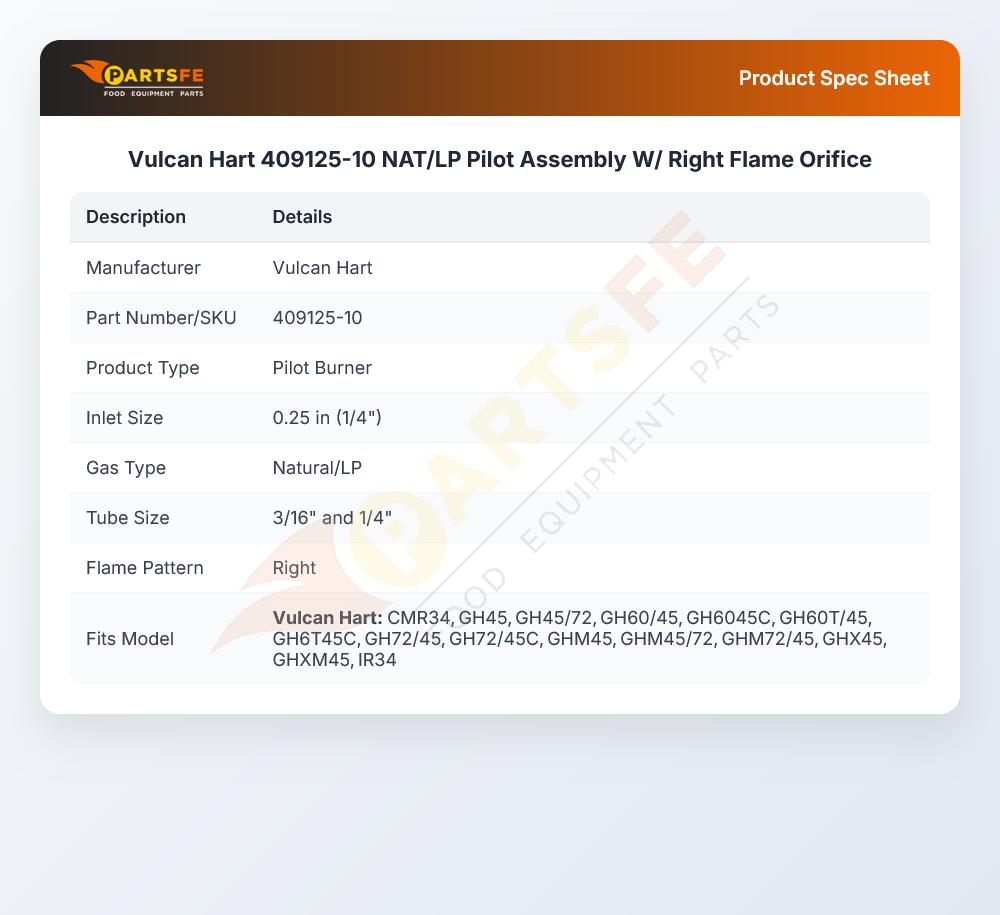 Vulcan Hart 409125-10 NAT/LP Pilot  Assembly W/ Right Flame Orifice