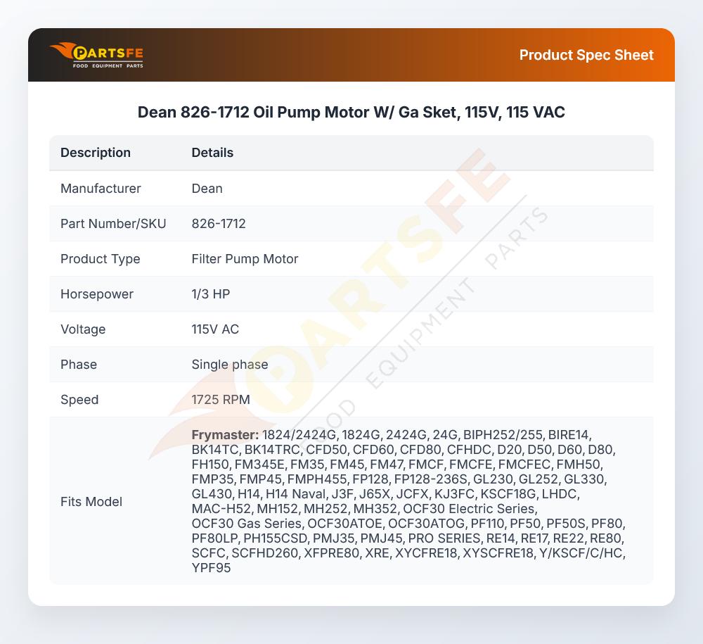 Dean 826-1712 Fryer Filter Pump Motor W/Gasket 115V 115 VAC