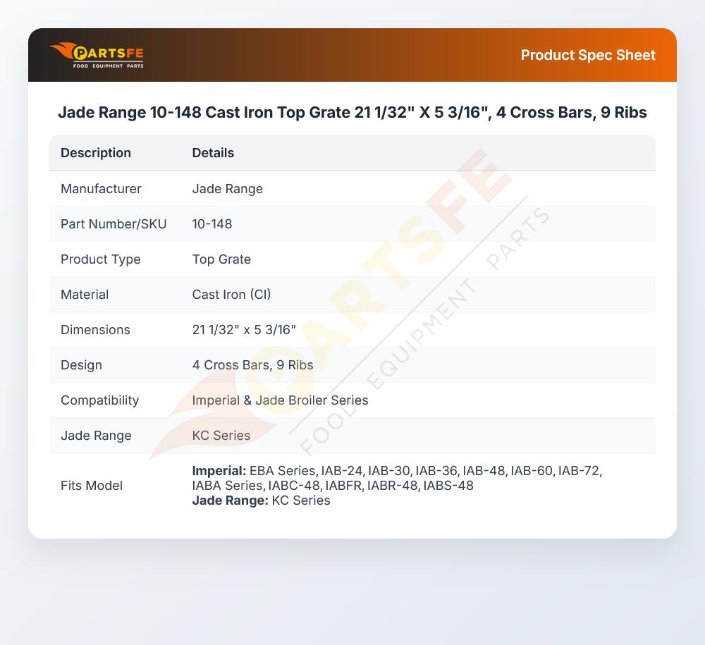 Jade Range 10-148 Top Grate 21-1/32" X 5-3/16" 4-Cross Bar 9-Ribs Cast Iron
