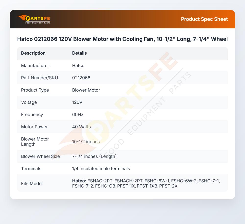 Hatco 0212066 120V Blower Motor with Cooling Fan, 10-1/2" Long, 7-1/4" Wheel