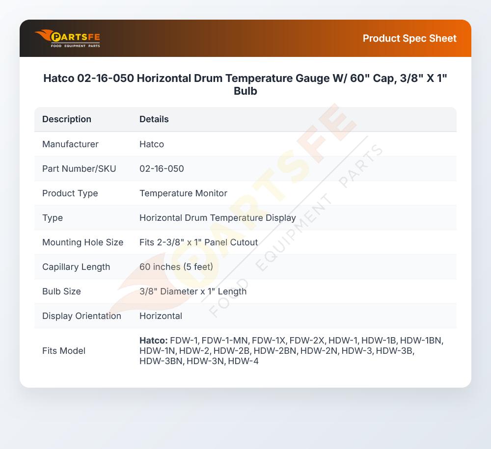 Hatco 02-16-050 Horizontal Drum Temperature Gauge W/ 60" Cap, 3/8" X 1" Bulb