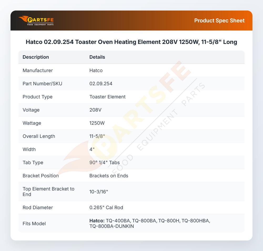 Hatco 02.09.254 Toaster Oven Heating Element 208V 1250W, 11-5/8" Long