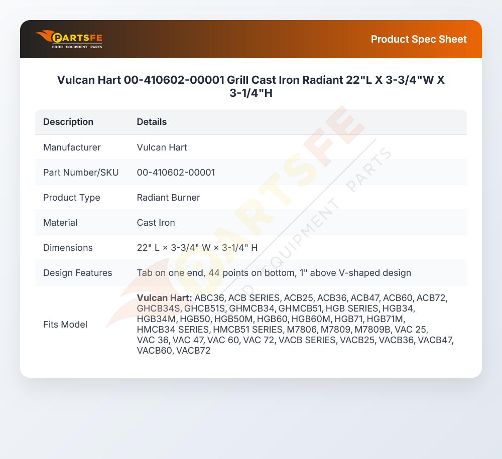 Vulcan Hart 00-410602-00001 Grill Cast Iron Radiant 22"L X 3-3/4"W X 3-1/4"H