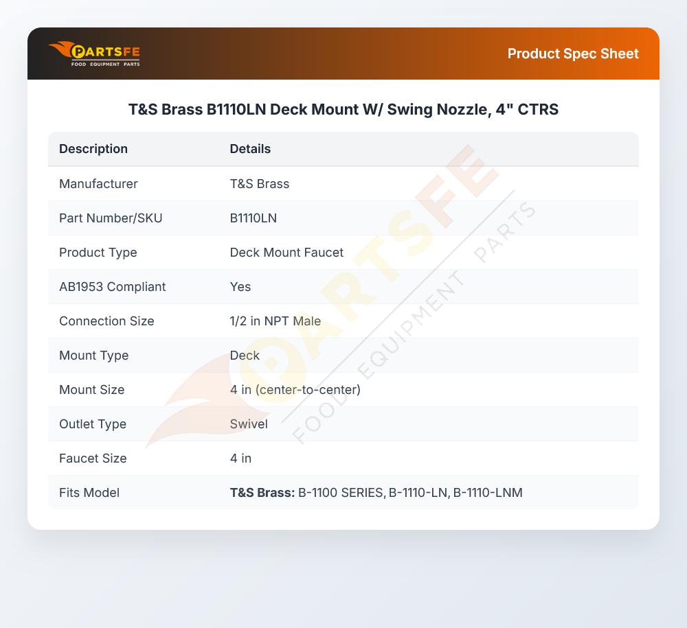 T&S Brass B1110LN Deck Mount W/ Swing Nozzle, 4" CTRS