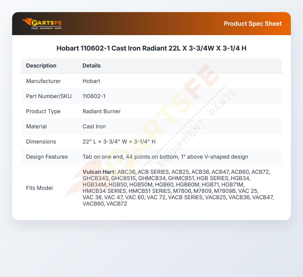 Hobart 110602-1 Cast Iron Radiant 22L X 3-3/4W X 3-1/4 H