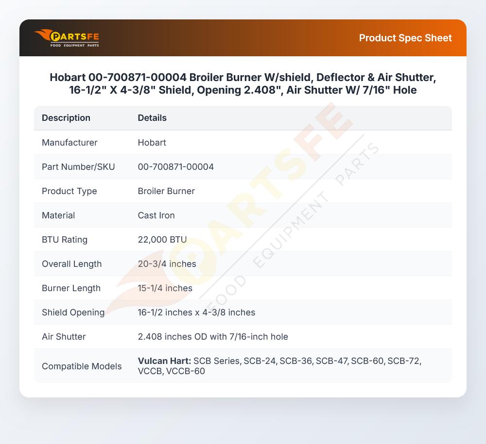 Hobart 00-700871-00004 Broiler Burner W/shield Deflector & Air Shutter 16-1/2" X 4-3/8" Shield Opening 2.408" Air Shutter W/7/16" Hole