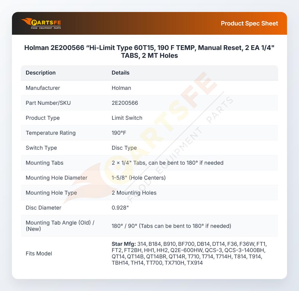Holman 2E200566 &ldquo;Hi-Limit Type 60T15, 190 F TEMP, Manual Reset, 2 EA 1/4" TABS, 2 MT Holes