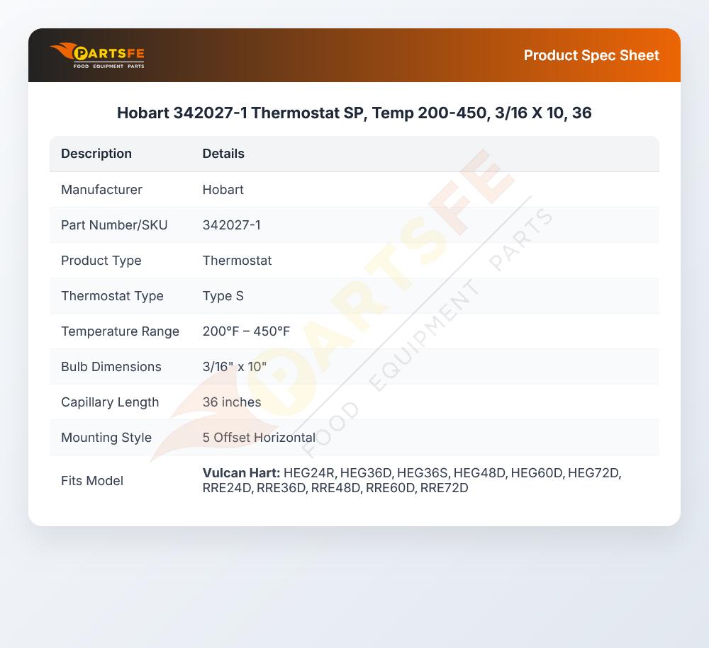Hobart 342027-1 SP Thermostat 200-450&deg;F 3/16" x 10" Bulb 36" CAP