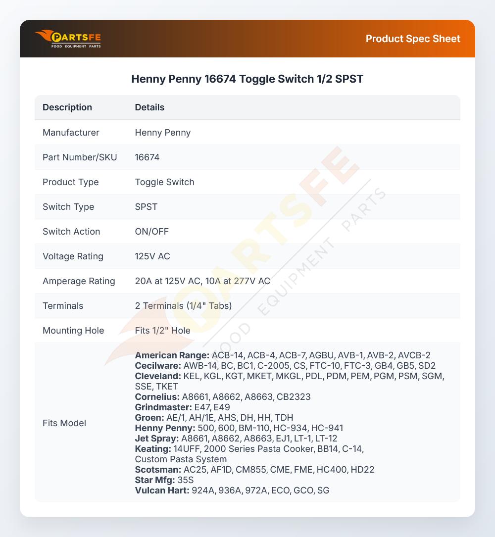 Henny Penny 16674 Toggle Switch 1/2 SPST