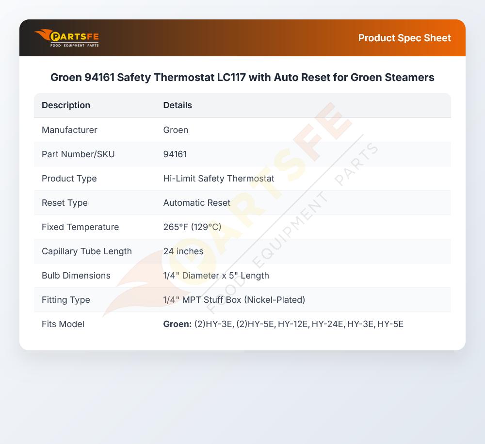 Groen 94161 Convection Steamer Safety Thermostat 1/4" X 5" 24" LC117