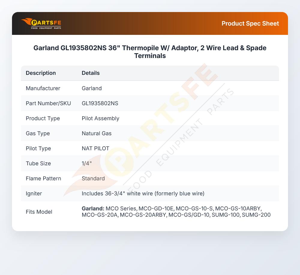 Garland GL1935802NS 36" Thermopile W/ Adaptor, 2 Wire Lead & Spade Terminals