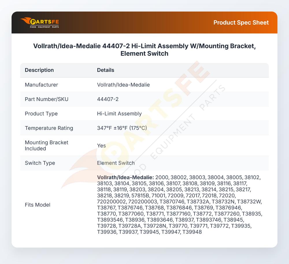 Vollrath/Idea-Medalie 44407-2 High-Limit Switch Assembly W/Mounting Bracket Element