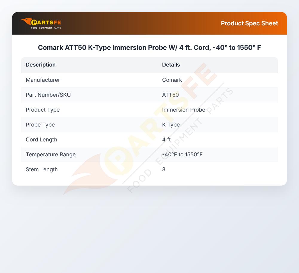 Comark ATT50 K-Type Immersion Probe W/ 4 ft. Cord,  -40&deg; to 1550&deg; F