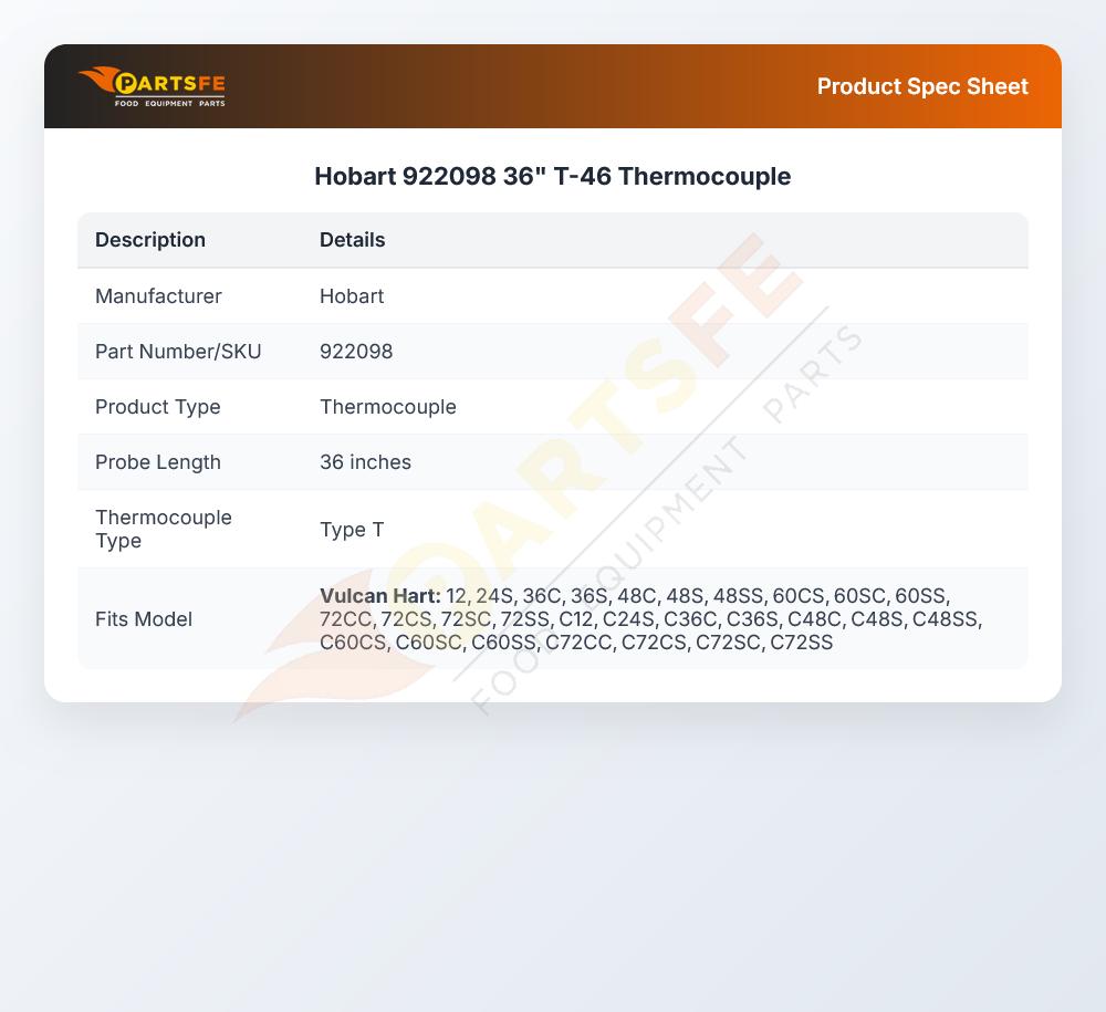 Hobart 922098 36" T-46 Thermocouple