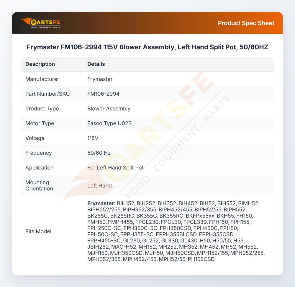 Frymaster FM106-2994 Fryer Blower Assembly 115V 50/60Hz