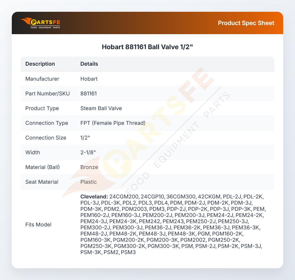 Hobart 881161 Ball Valve 1/2"