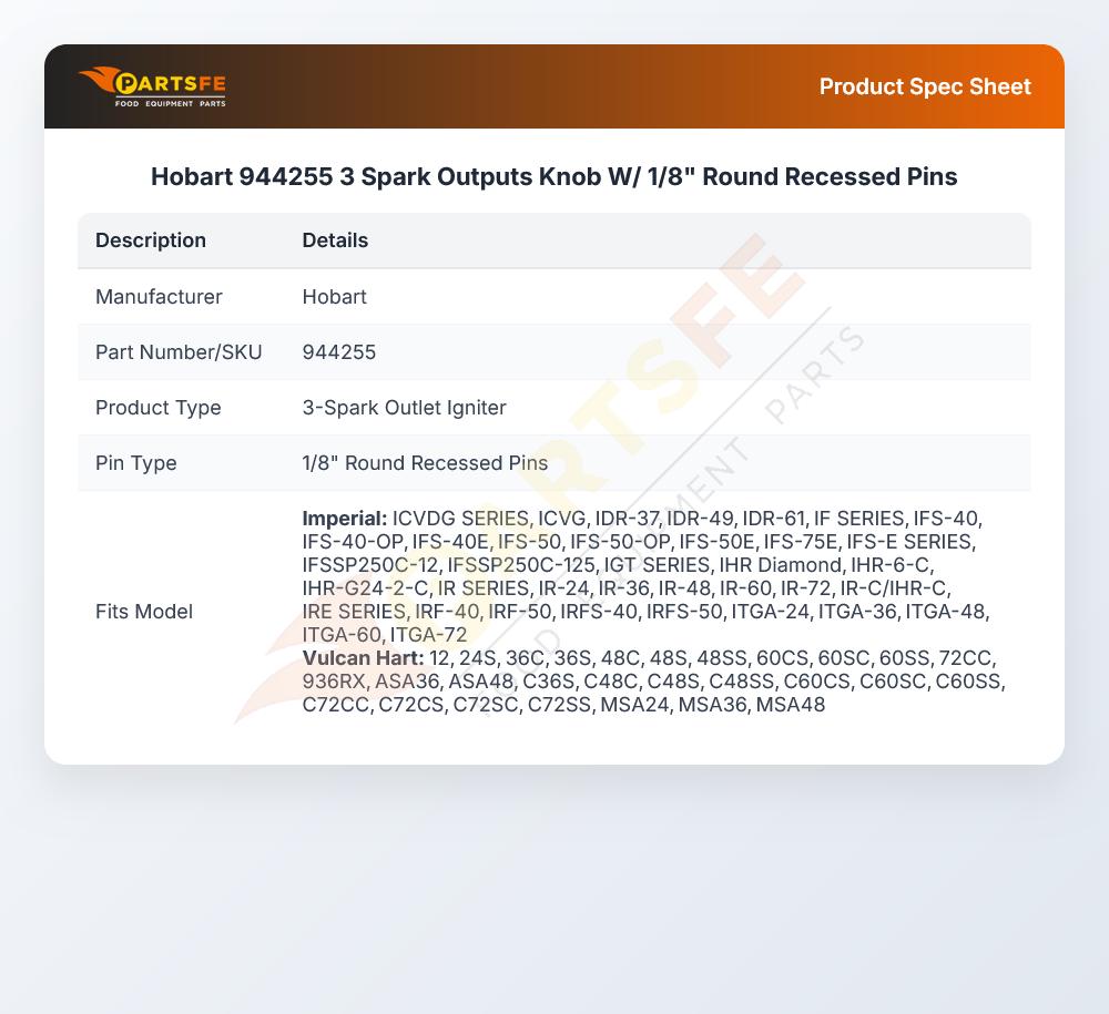 Hobart 944255 3 Spark Outputs Knob W/ 1/8" Round Recessed Pins